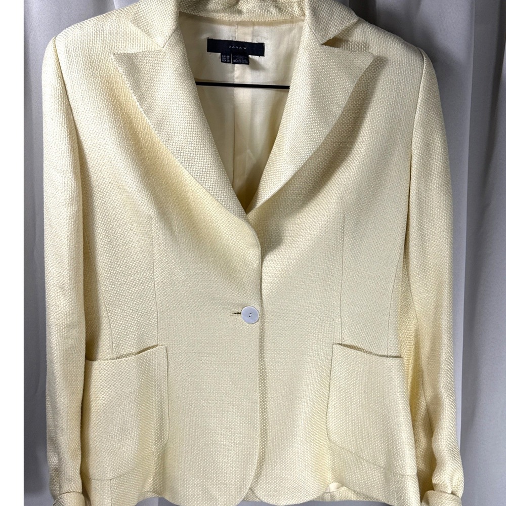 Zara Woman Cream/Yellow Textured Linen Blend  Button Blazer Jacket Size 8 Spain